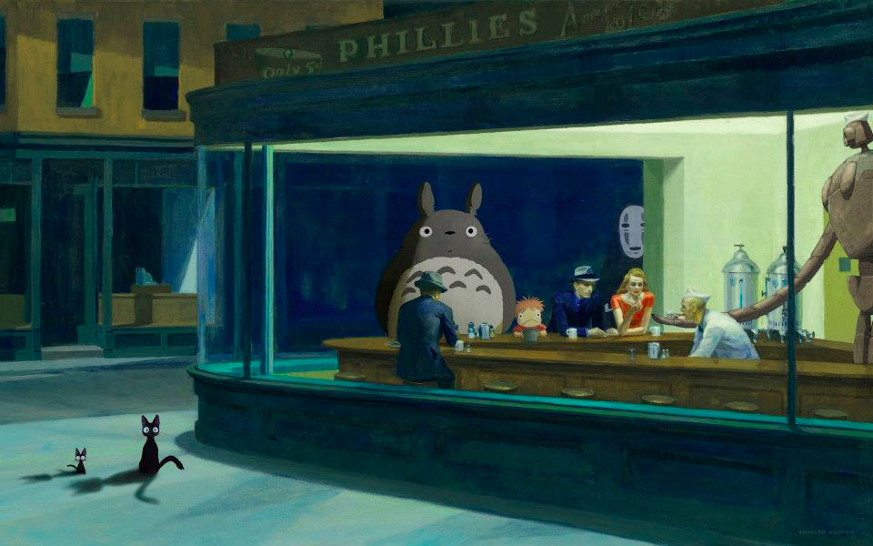 Edward Hopper's Nighthawks rendition with Totoro; Sybary, Ghibli NightHawks, 11 October 2012 nighthawks renditions memes