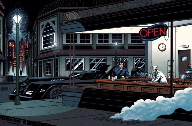 Edward Hopper's Nighthawks rendition with Batman and Superman; Ian-Navarro, World's Finest nighthawks renditions memes