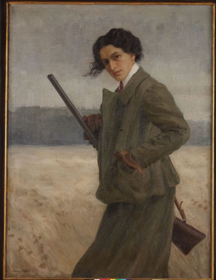 female artist Nasta Rojc, Self-portrait in a hunting suit, 1912