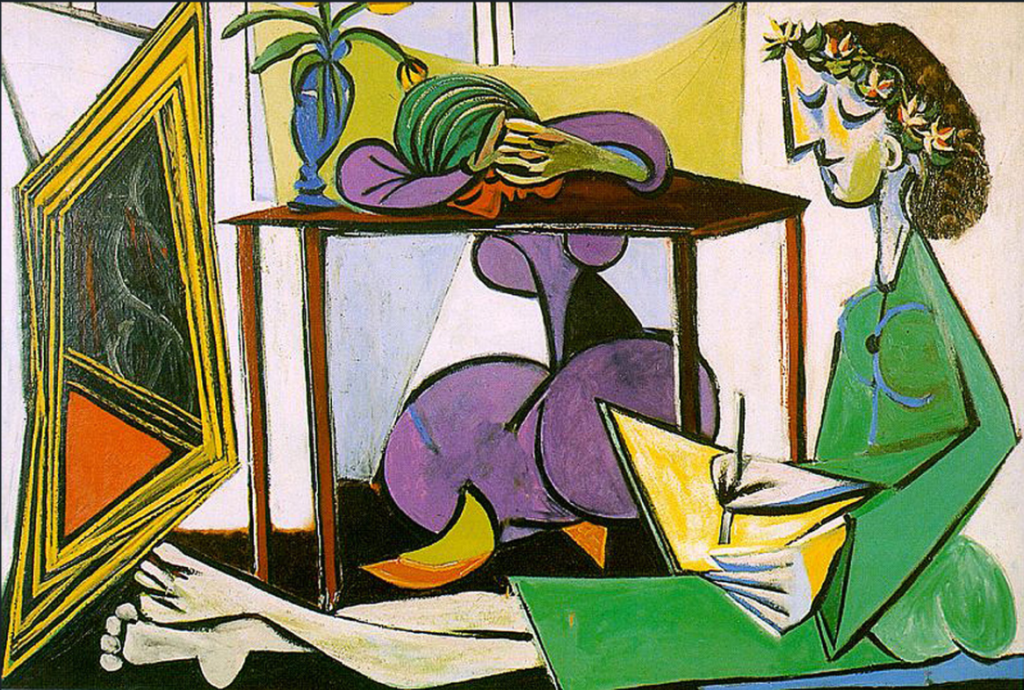 painting by Pablo Picasso, Interior with a Girl drawing ; Art Guide to Quarantine