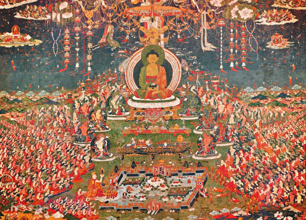 painting with Buddha Amitabha surrounded by eight great bodhisattvas and many other attendants in the paradise