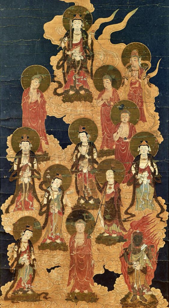 the painting of five buddhas five buddhas and eight great bodhisattvas standing on orange clouds in the dark sky