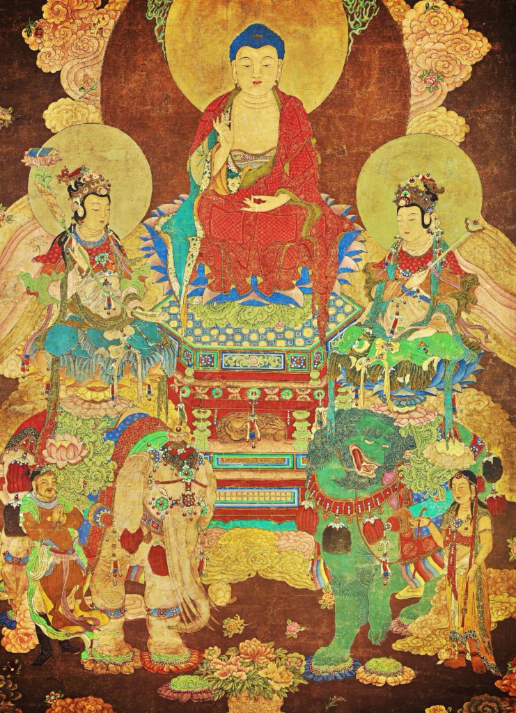 eight great bodhisattvas, painting of the Buddha Vairochana in the center with the flanking bodhisattvas on the elephant and lion with attendants and garlands of flowers