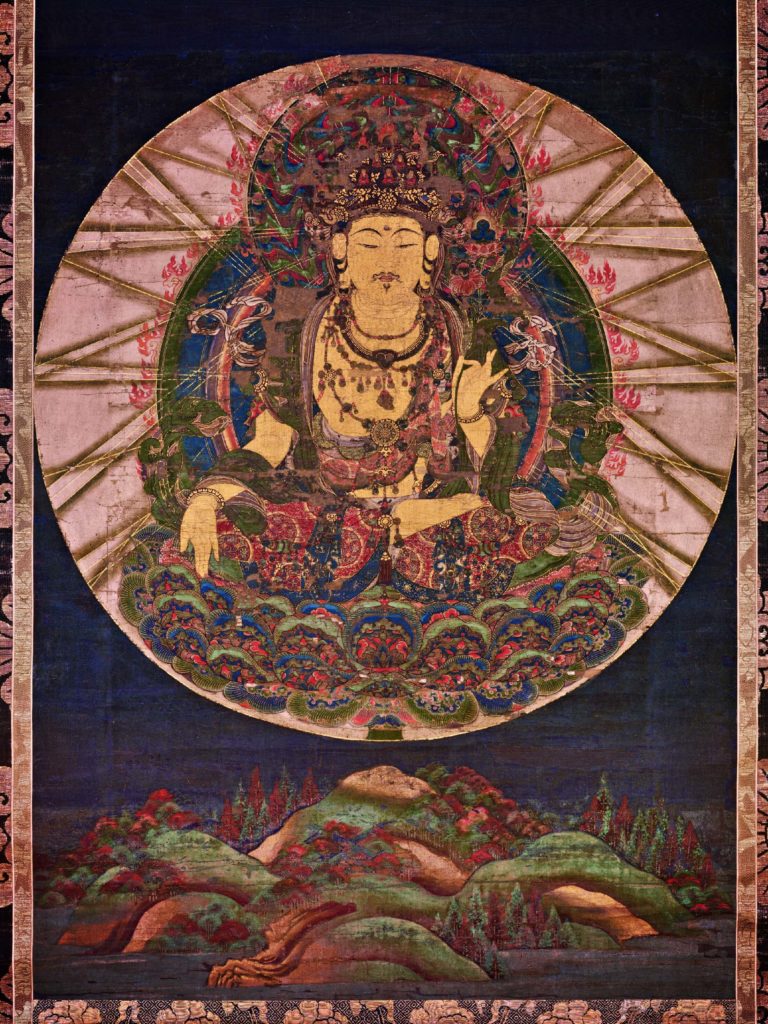 eight great bodhisattvas, painting of Akashagarbha or Kokuzo Bosatsu, sitting in the center, inside the circle on the dark background