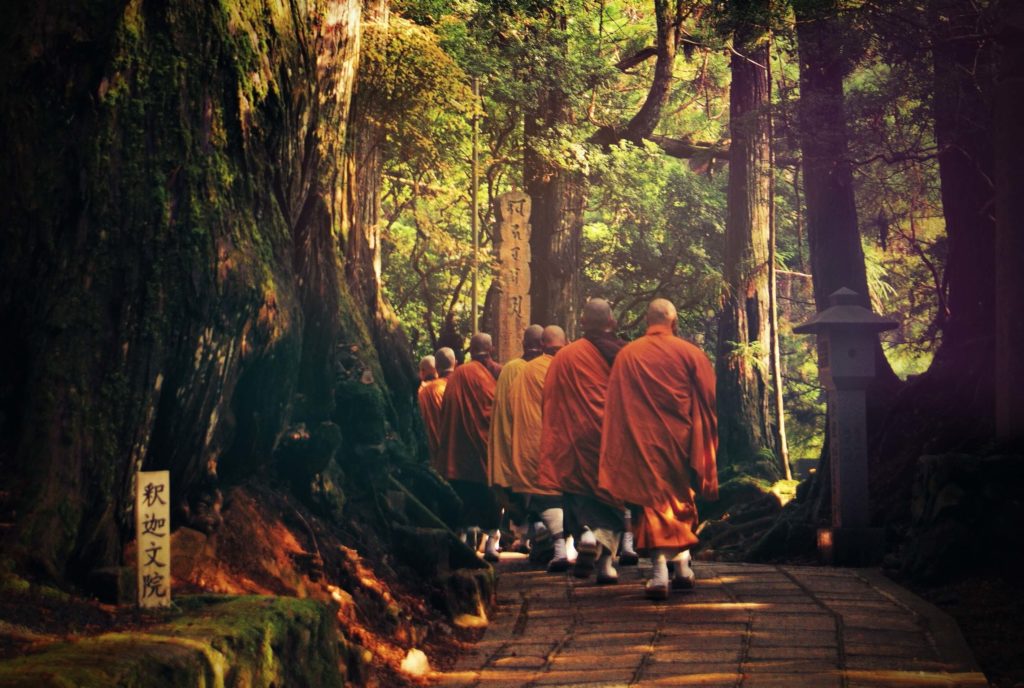the row of monks going to the temple with the backs in the foreground