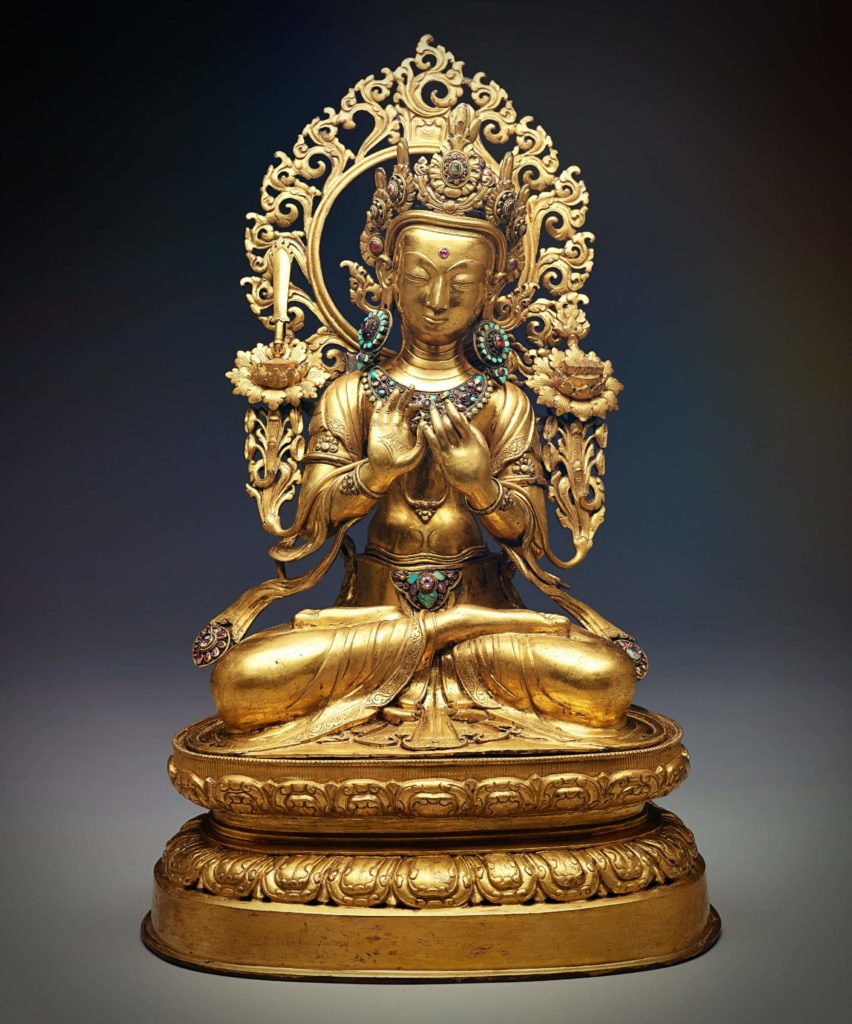eight great bodhisattvas, gilded sculpture of Manjushri, the bodhisattva of wisdom, sitting on a lotus flower