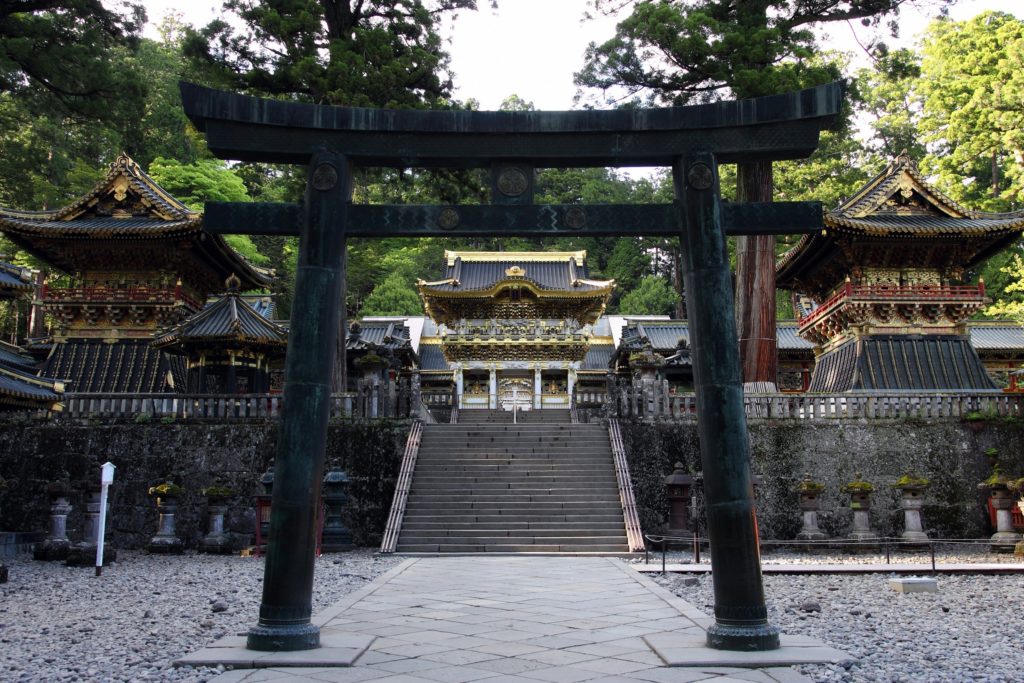 A bronze torii gate in front of Nikko Tosho-gu shrine. 