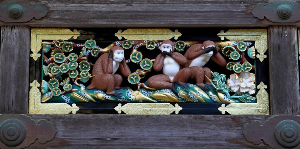 Monkeys carved on the Kamijinko Sacred Storehouse, Nikko Toshugu Shrine