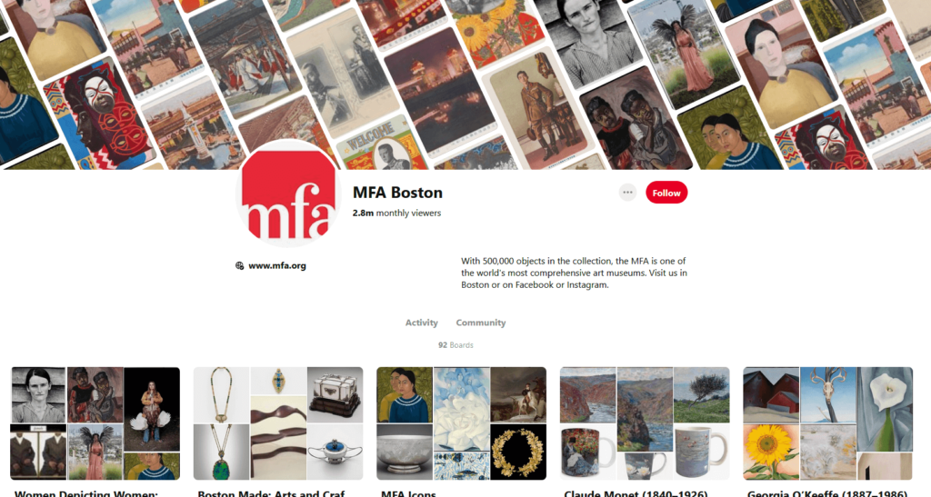 Art Museums on Pinterest: Screenshot from the Museum of Fine Arts Boston Pinterest page.