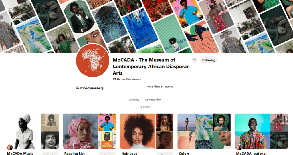 Art Museums on Pinterest: Screenshot from the Museum of Contemporary African Diasporan Arts Pinterest page.