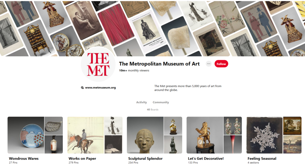 Art Museums on Pinterest: Screenshot from The MET Museum Pinterest page.