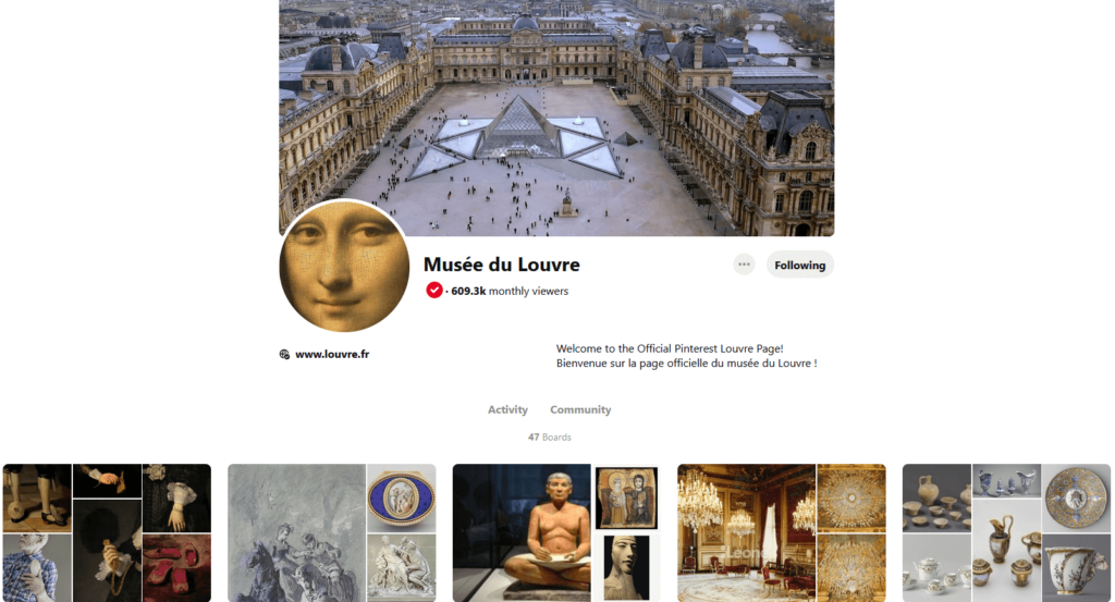 Art Museums on Pinterest: Screenshot from Musée du Louvre Pinterest page.