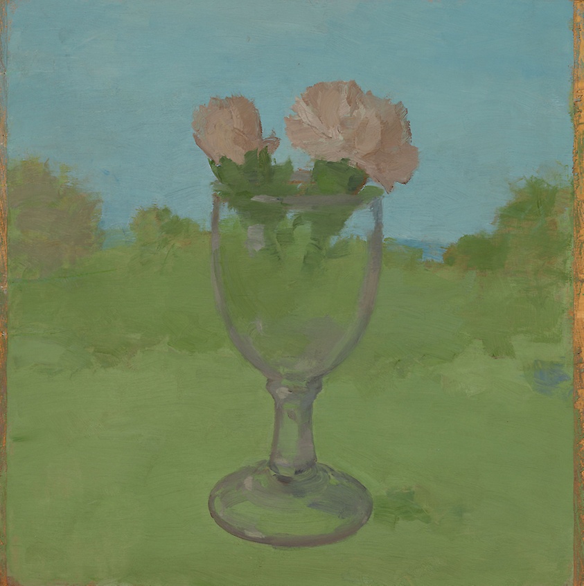 Albert York, Landscape with two pink carnations in a glass goblet