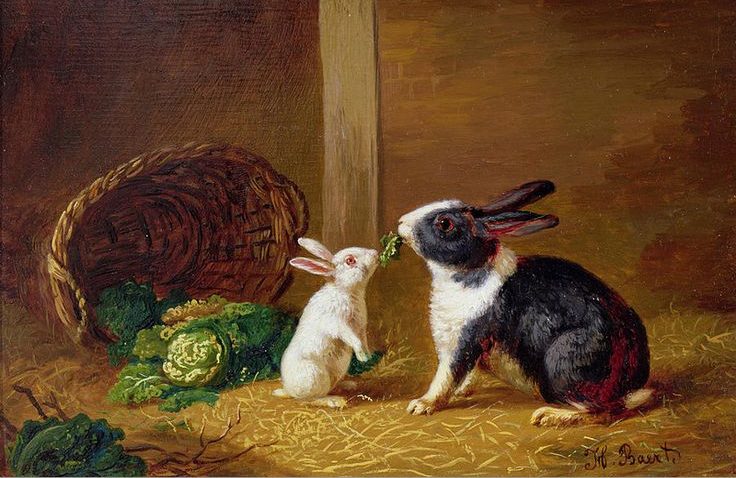 bunny paintings: Henri Baert, Two rabbits, 1842, Gavin Graham Gallery, London, UK. Detail.
