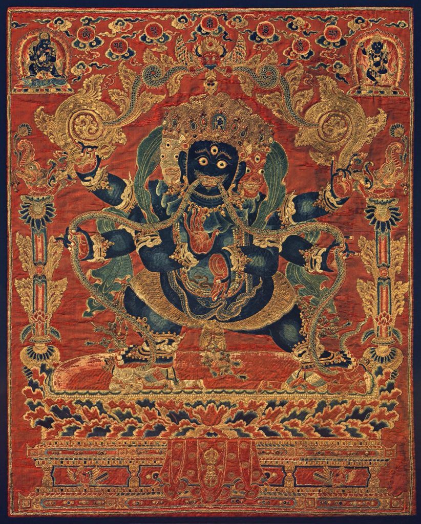 eight great bodhisattvas, blue Vajrapani in the center of embroidery on the dark orange background 