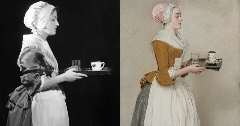 An actress poses as the subject of Jean-Étienne Liotard’s The Chocolate Girl