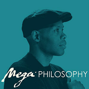 Cover of  the album Mega Philosophy, Rapper Cormega profile on a blue background; fine art rap music painters rappers compared Art references in rap