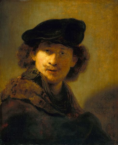 Rembrandt Self-portrait with a velvet beret, curly hair and a mustach, young, oil on canvas, browwn tones