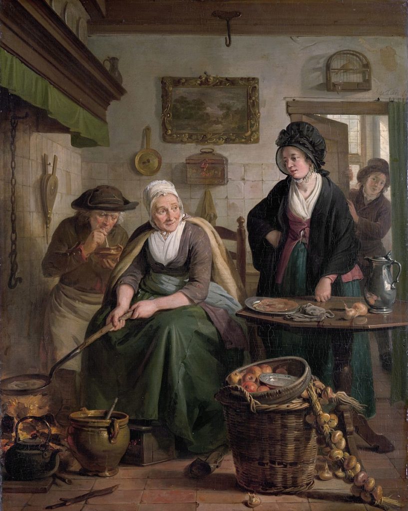 Image of de Lelie's painting showing an elderly woman baking pancakes in her kitchen. 
Adrian de Lelie, Woman Baking Pancakes. Kitchen inspiration art history