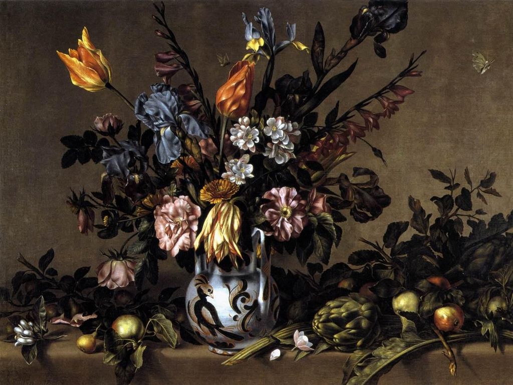 Spanish bodegones: Antonio Ponce, Still Life with Artichokes and a Talavera Vase of Flowers, ca. 1650-1660, Collection Albello (private collection), Photo: Web Gallery of Art. 
