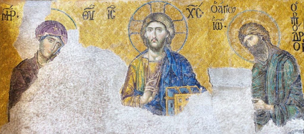 Deesis Mosaic, 13th century, Hagia Sophia, Istanbul, Turkey, source: hagiasophiaturkey.com. Detail: Jesus Christ in the Pantocrator pose, mosaic.