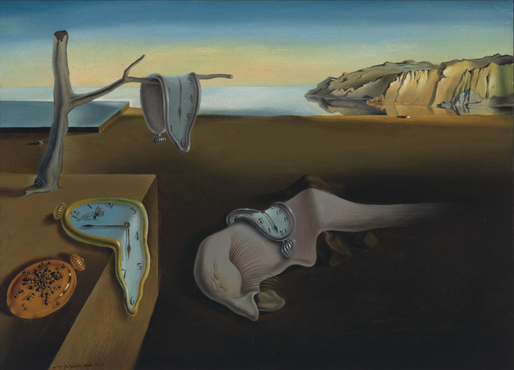 Andalusian Dog Painting of Salvador Dalí, The Persistence of Memory. There is four clocks, three of them are melted and one there is a normal form. In the middle there is a abstract figure and this elements are insert in a natural landscape; andalusian dog