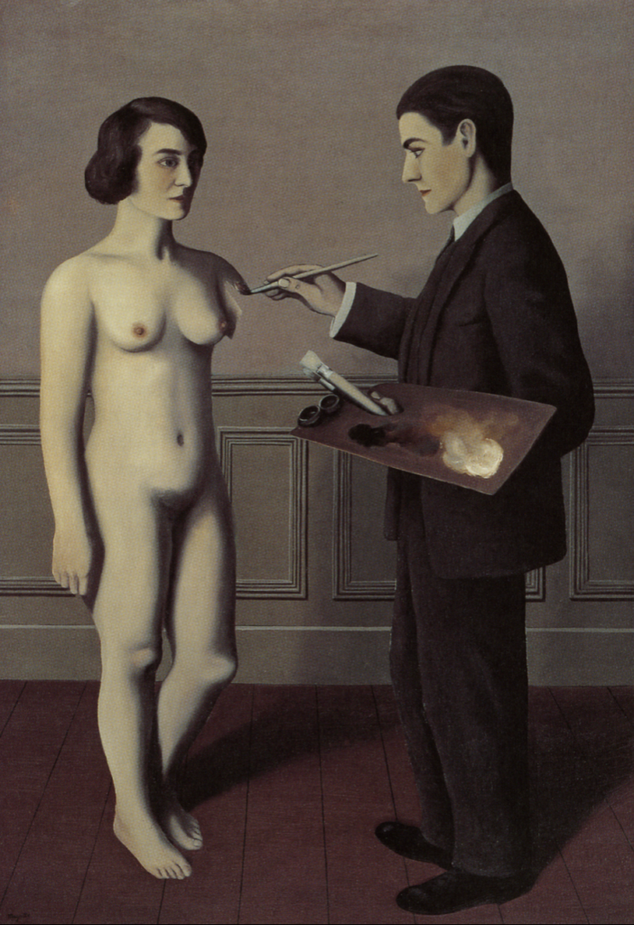 Andalusian Dog Surrealist painting of René Magritte, Attempting the Impossible. A men is painting a woman in the air andalusian dog