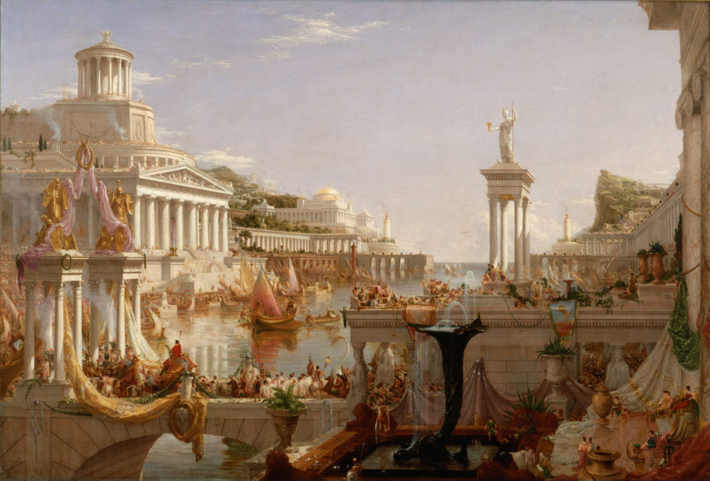 Thomas Cole, The Course of Empire, The Consummation of Empire painting (3th of the serie) Fall of the Roman Empire in painting: 