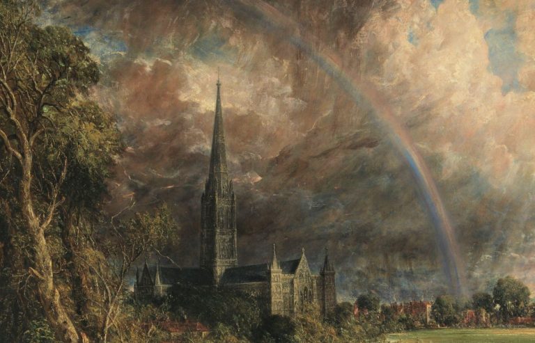 Rainbows art: John Constable, Salisbury Cathedral from the Meadows, 1831, Tate, London, UK. Detail.
