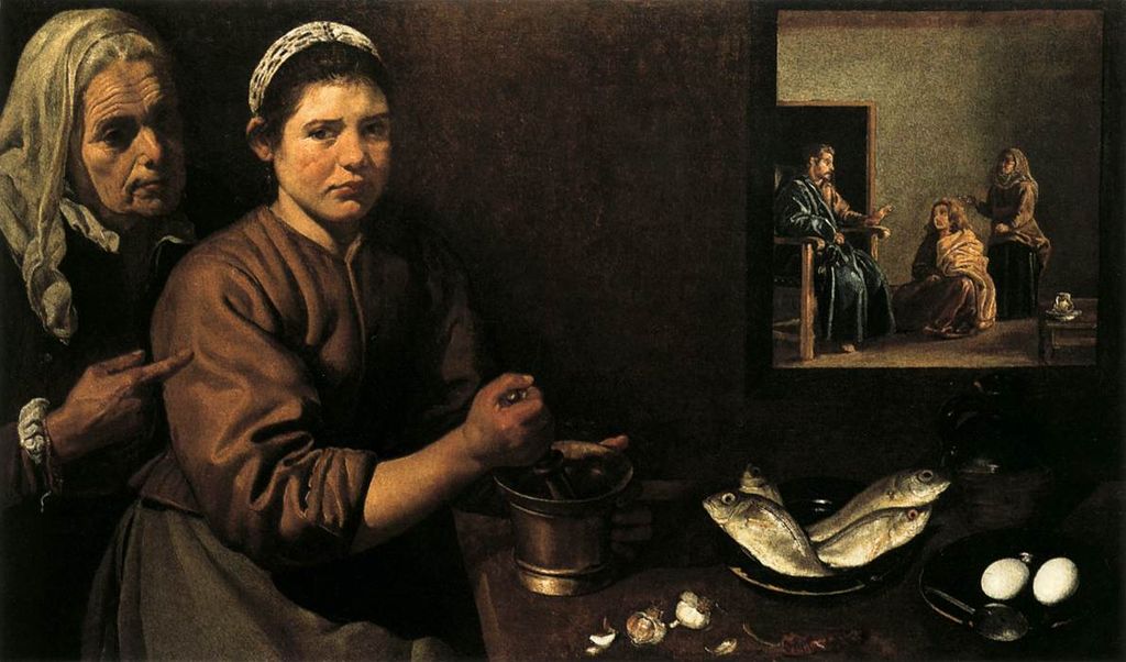 Spanish bodegones: Diego Velázquez, Christ in the House of Mary and Martha, ca. 1618, National Gallery, London, UK. Photo: Web Gallery of Art. 