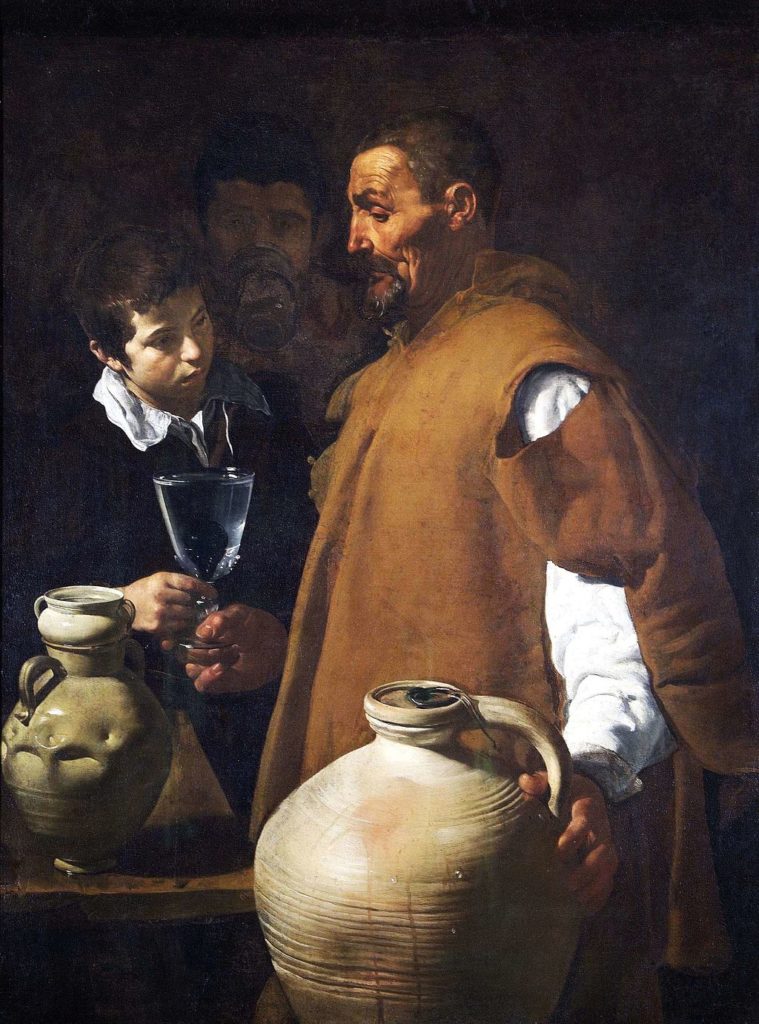 Spanish bodegones: Diego Velázquez, The Waterseller of Seville, ca. 1620, Wellington Museum, London, UK, Photo: Apsley House Collection, Wikimedia Commons.