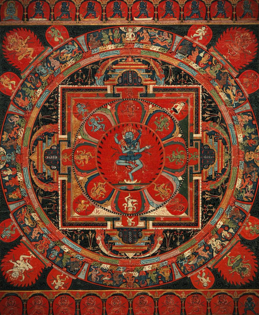 Hevajra Mandala,. the painting of the hevajra mandala with the deity and his consort in the center, eight dancing deities in the surrounding lotus petals, palace gates and charnel grounds within the ring of the outer circle