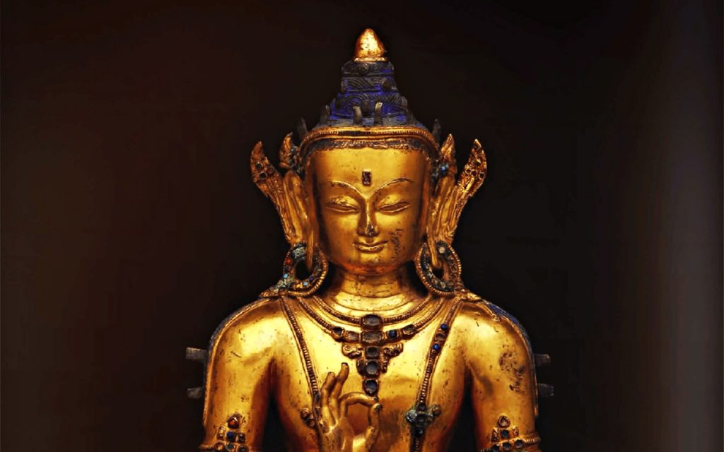 eight great bodhisattvas, the guilt bronze statue of Maitreya or the Future Buddha, close-up