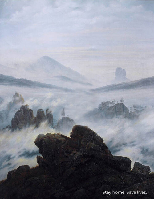 The Art of Quarantine rendition, Caspar David Friedrich, Wanderer above the Sea of Fog
