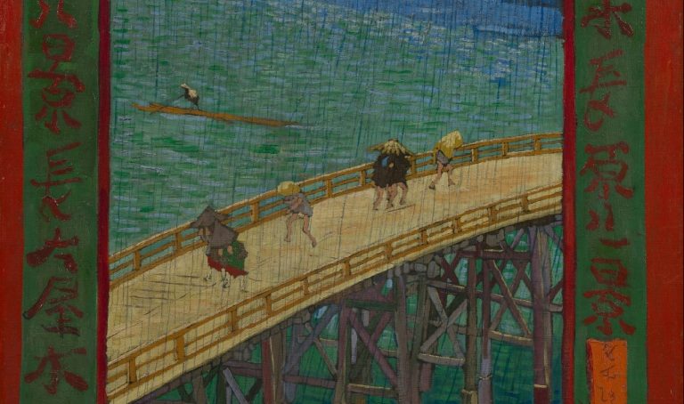 van Gogh Bridge in the Rain: Vincent van Gogh, Bridge in the Rain (after Hiroshige), oil on canvas, 1887. Van Gogh Museum, Amsterdam. Detail.
