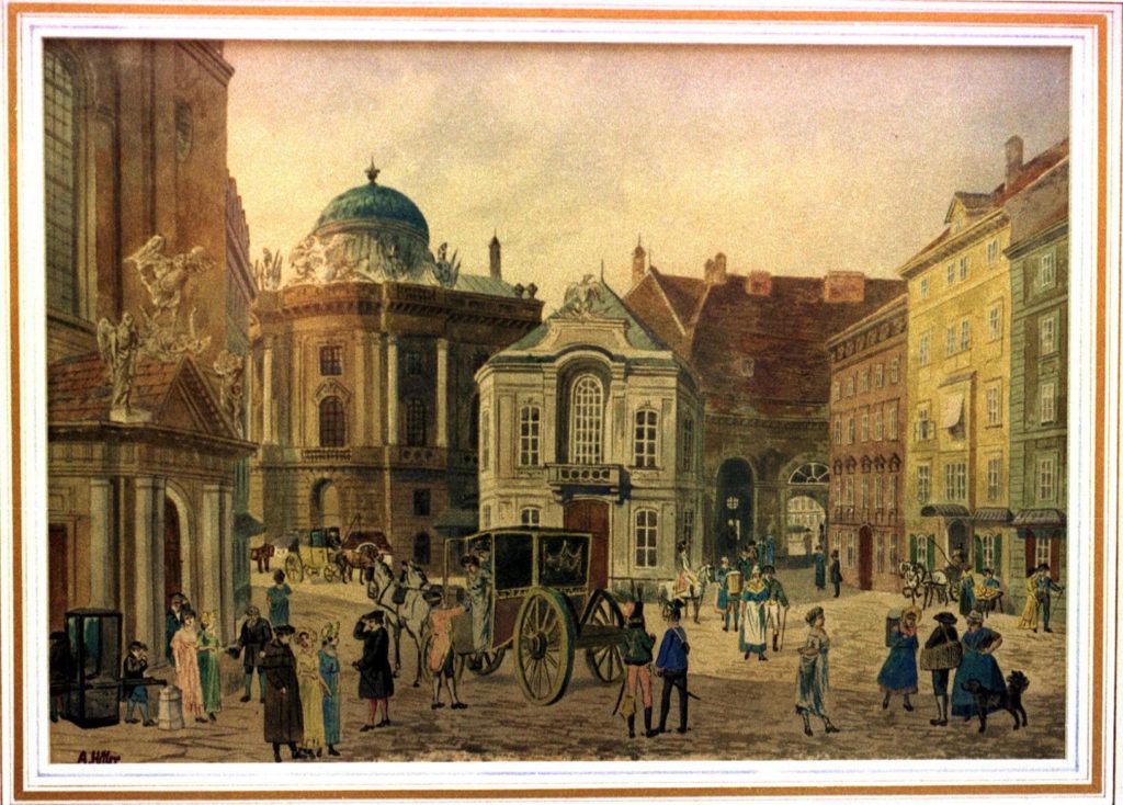 Watercolor attributed to Adolf Hitler, showing a busy street scene in Vienna. 