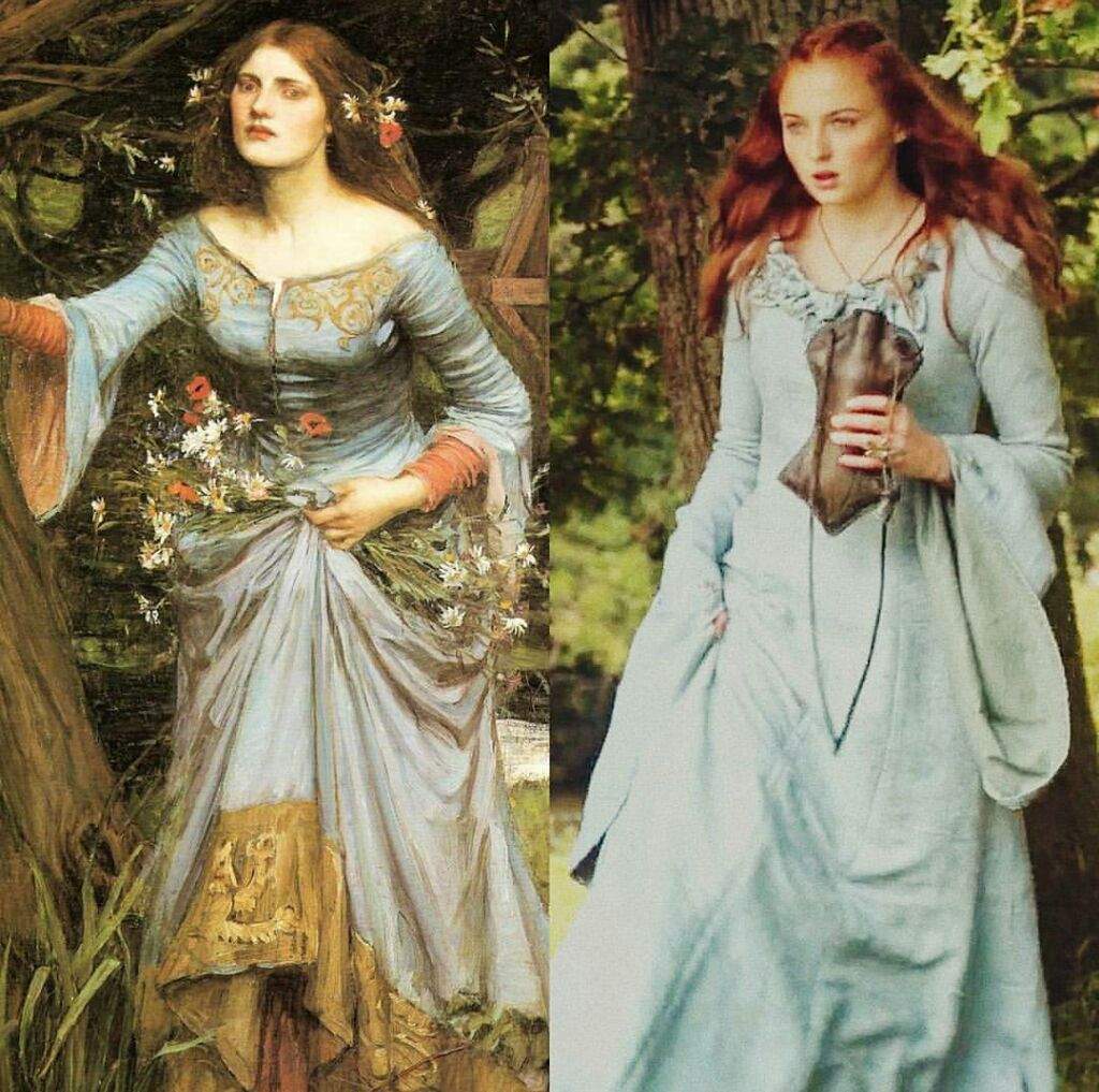 left - John William Waterhouse, Ophelia, 1910, Private Collection, right - Sansa Stark - How Art Inspired the game of Thrones Creators