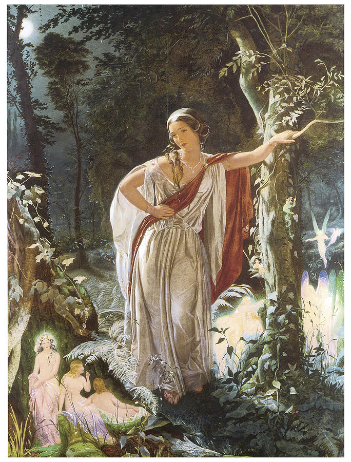 A Midsummer Night’s Dream in art: John Simmons, Hermia and the Fairies, Hermia leans against a tree, surrounded by fairies