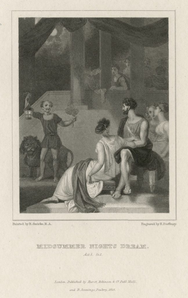 Painting by Robert Smirke, Engraving by E. J. Portbury, A Midsummer NIght’s Dream, act 5, sc. 1, Theseus, Hippolyta, and the two couples watch the trades men’s performance of Pyramus and Thisbe