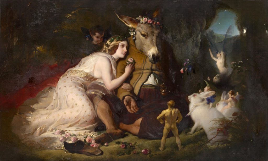 A Midsummer Night’s Dream in art: Sir Edwin Henry Landseer, Scene from A Midsummer Night’s Dream. Titania and Bottom, Titania fawns upon Bottom