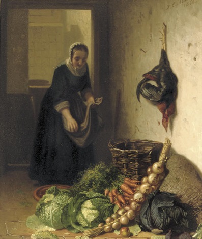 Johanes Engel Masurel, In the Kitchen, a lady retrieving produce from a cellar