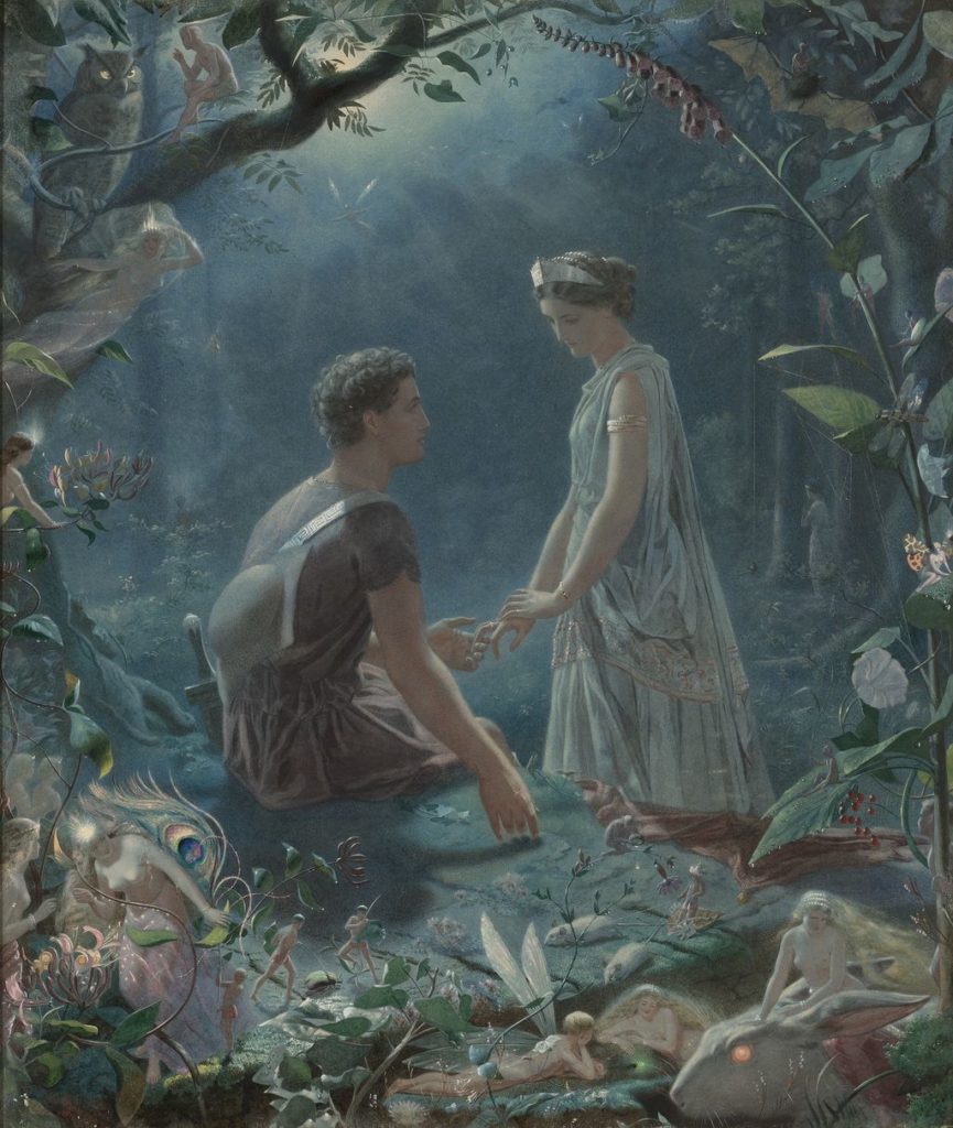 A Midsummer Night’s Dream in art: John Simmons, Hermia and Lysander, A Midsummer Night’s Dream, Hermia and Lysander are in the woods at night time, surrounded by faeries