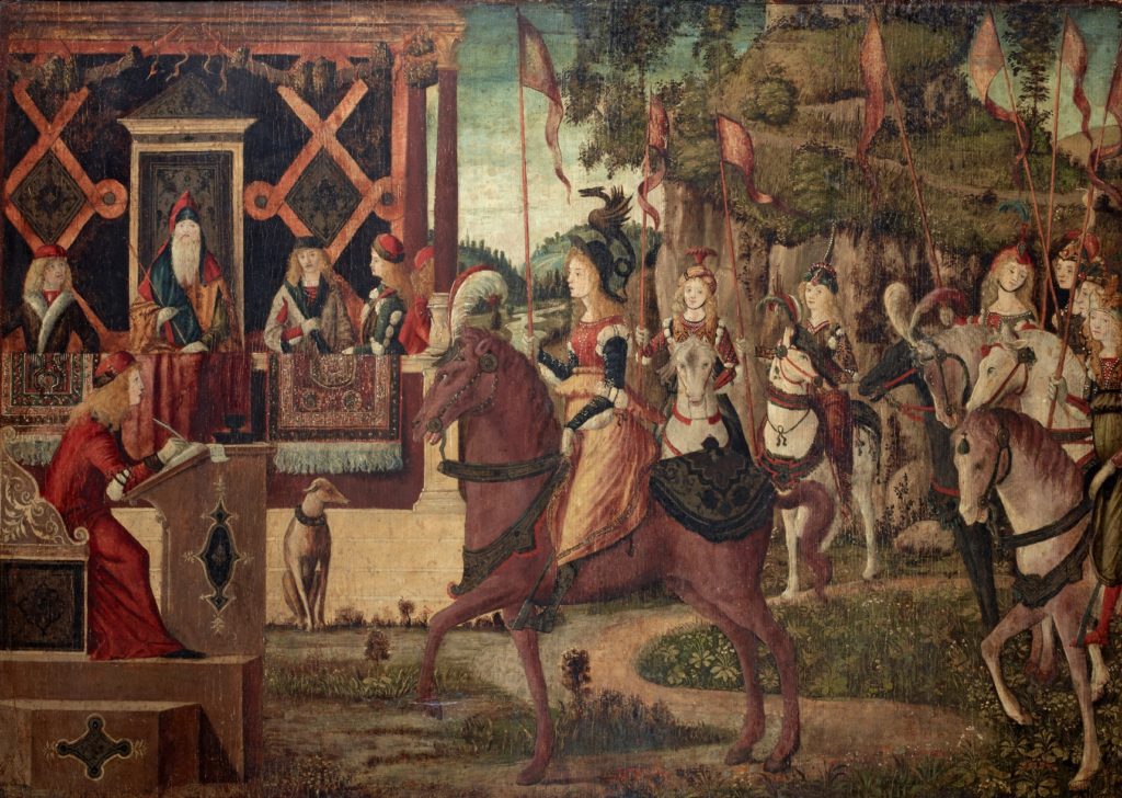 A Midsummer Night’s Dream in art: Vittore Carpaccio, The Visit of Hippolyta, Queen of the Amazons, to Theseus, King of Athens, characters dressed in medieval costume, Hippolyta sitting on a brown horse