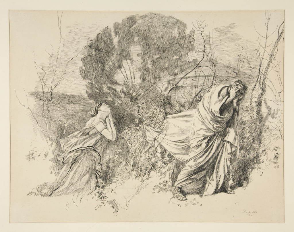 A Midsummer Night’s Dream in art: Edwin Austin Abbey, Helena: “Stay, though thou kill me, sweet Demetrius,” Helena is begging on her knees, while Demetrius clutches his head as he walks away