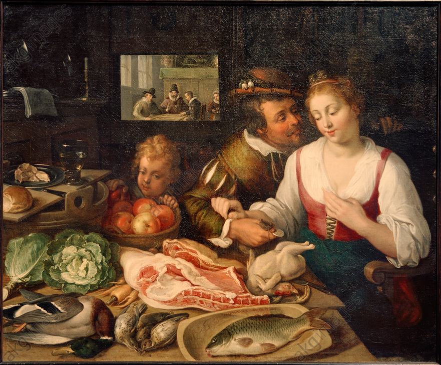 Jeremias van Winghe, Küchenszene, a lady is cooking, while a man watches her, a child is eying a basket of fruit