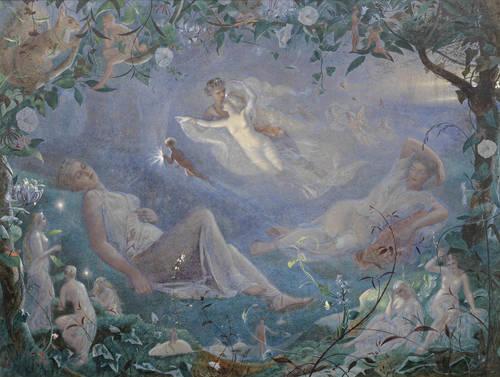 A Midsummer Night’s Dream in art: John Simmons, Scene from a Midsummer NIght’s Dream, Helena and Hermia have fallen asleep, surrounded by fairies, while Oberon and Titania sing them to sleep