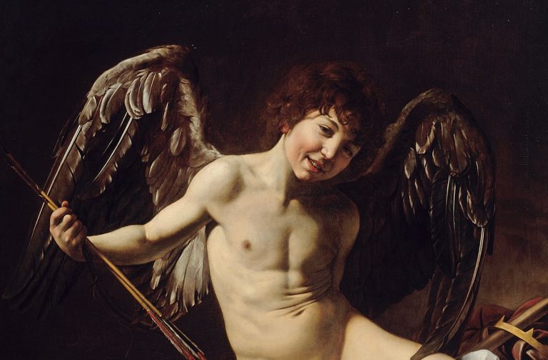 Caravaggio Amor: Caravaggio, Amor Vincit Omnia, ca. 1601, Gemäldegalerie, Berlin, Germany. Detail.
