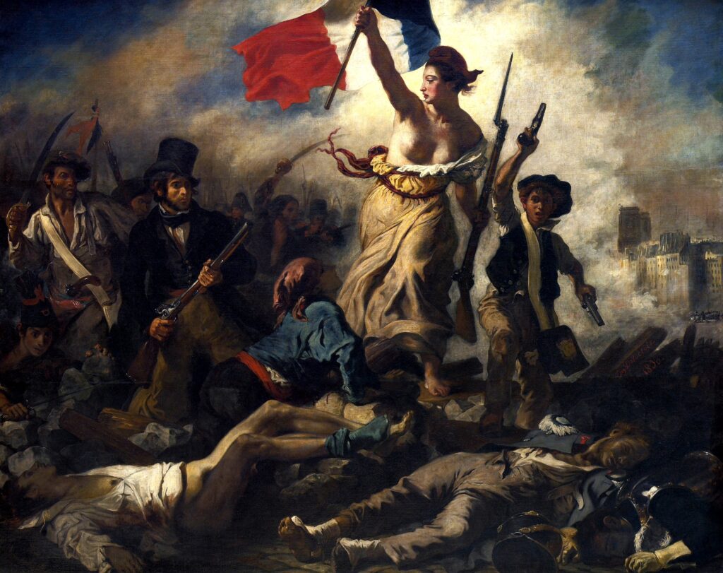 The painting of Eugene Delacroix "Liberty Leading the People", 1830. It portrays Liberty as both an allegorical goddess-figure and a robust woman of the people.