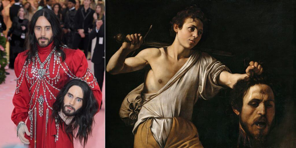 Left: Jared Leto in Gucci, Met Gala 2019, New York, NY, USA. Photo by Karwai Tang/Getty Images; Right: Caravaggio, David with the Head of Goliath, 1607, Kunsthistorisches Museum, Vienna, Austria.