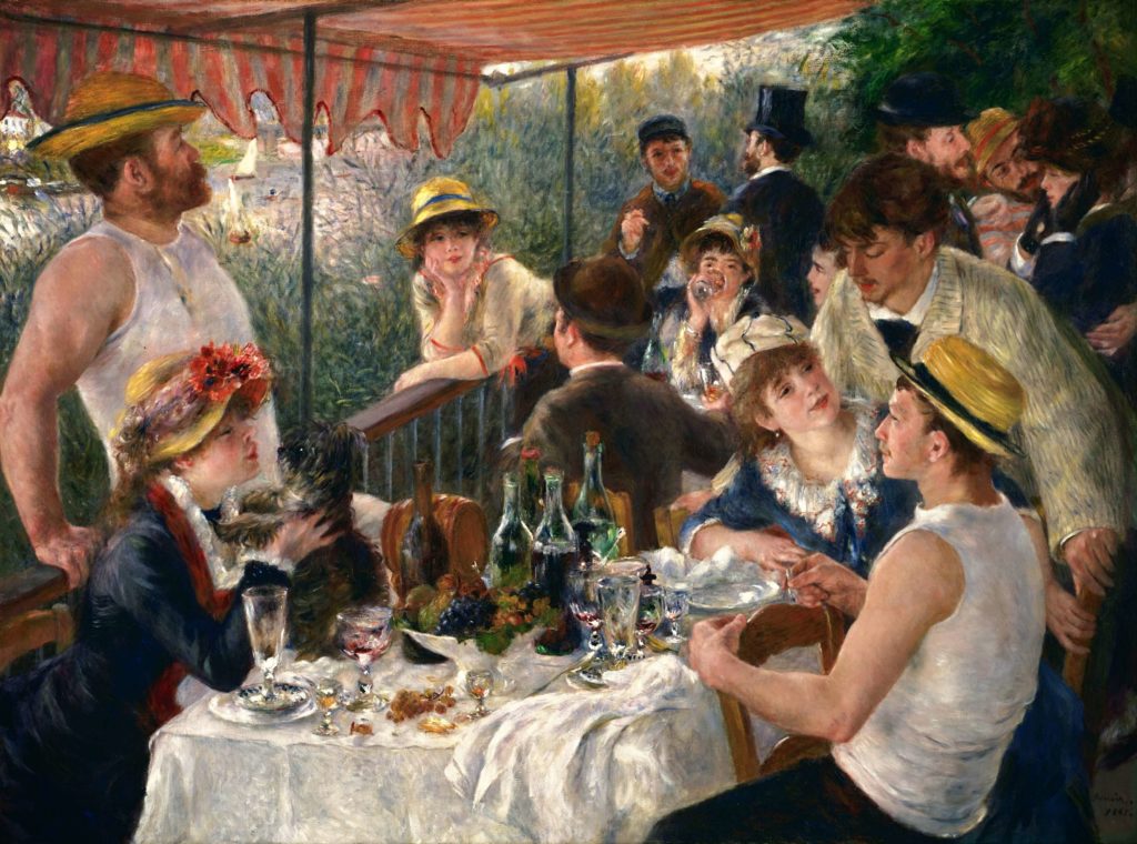 the perfect meal for a summer day, luncheon of the boating party, painting of a group of friends at the lunch table chatting and enjoying the summer day Pierre Renoir, Luncheon of the boating party
